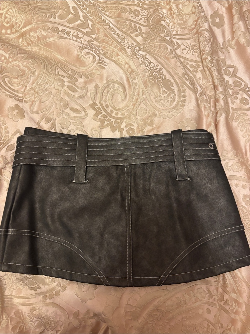 Faux Leather Black Mini Skirt with Belt - Picture 2 of 4